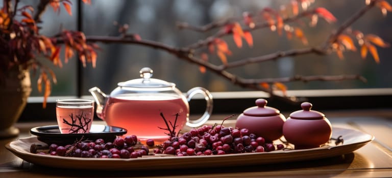 Red tea in a glass teapot on a bamboo tray.