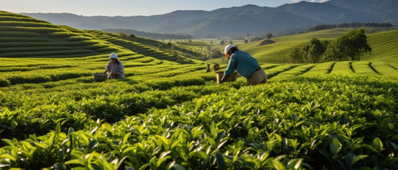 A breathtaking panoramic shot capturing a group of farmers handpicking fresh tea leaves in a vibrant and lush green tea plantation under the warm sunlight.