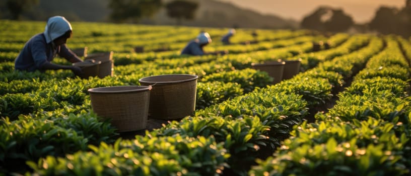 Rural workers tending to tea plants in a picturesque plantation landscape with rolling hills, creating a scene of agricultural harmony and natural beauty.