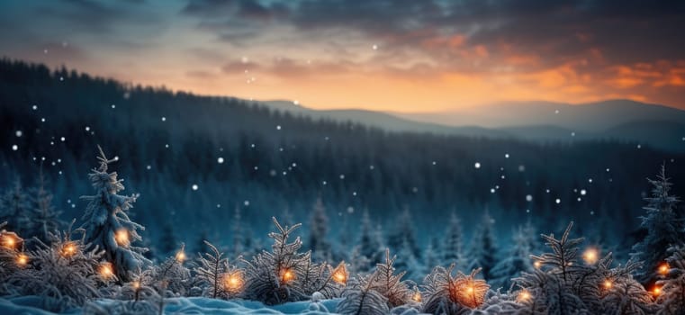 The enchanting view of the magical forest with mysterious yellow lights in the bokeh creates a beautiful and mysterious picture
