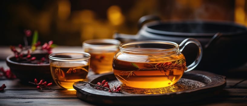 The magical atmosphere of the ceremony is revealed in the image with a wooden tray, a glass teapot and a mug filled with fragrant tea