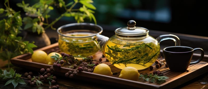 The image of a glass teapot and a mug on a wooden tray invites you to immerse yourself in a tea ritual and enjoy the moment