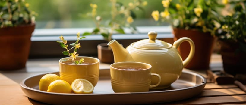 A traditional Japanese tea ceremony with a yellow teapot, cups and green tea on a bamboo mat showcases the art and elegance of Japanese culture.