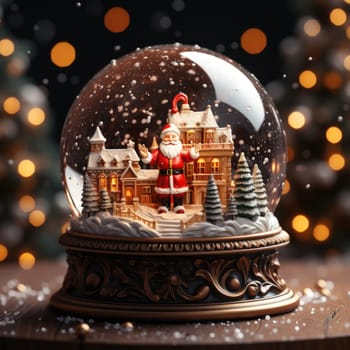 Close-up of a festive Christmas snow globe with a miniature Santa Claus enclosed in a transparent globe, making it a perfect holiday gift.