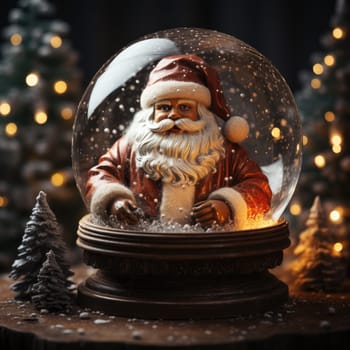 A festive Christmas snow globe decoration with a delightful Santa Claus figurine surrounded by swirling snow and the atmosphere of seasonal holidays, making it a classic holiday gift.
