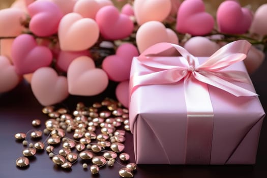 Close-up of a hot pink gift box with a decorative ribbon symbolizing a romantic Valentine's Day surprise. Perfect for decoration and holiday-themed greetings.