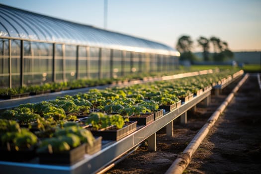 An expansive state-of-the-art greenhouse with rows of lush green plants inside, using sustainable energy sources such as solar panels and alternative energy technologies for eco-friendly activities.