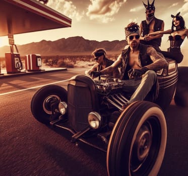 gang of pinup girl and plus size retro vandals in steampunk hot rods and tuned bikes burning rubber, wearing jeans and leather, gas station , desert road, comics illustration, mad max ai generated