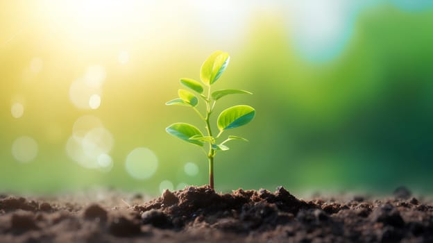 A tiny seedling breaks through the earth's surface, emerging into the light - AI Generative