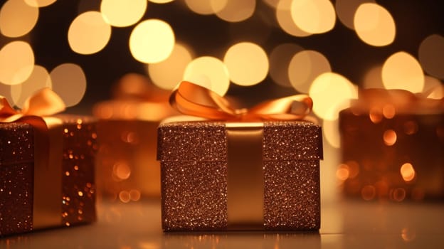 Christmas gift box shining gold in front of abstract glitter confetti bokeh background - AI Generative