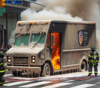 electric hybrid cargo courier truck van burn bottom chasis, firefighter apply foam to extinguish flames big smoke ai generated