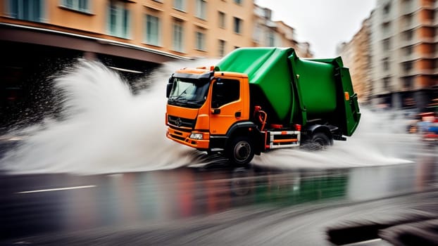 Garbage Truck full of trash, splashing liquids, panning, motion blurred speeding fast drive, drifting, cityscape, raining, cityscape, city servicce waste management service