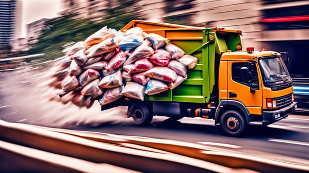 Garbage Truck full of trash, splashing liquids, panning, motion blurred speeding fast drive, drifting, cityscape, raining, cityscape, city servicce waste management service