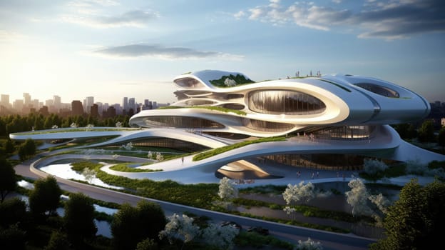 Futuristic sustainable complex office building for green economy and sustainability comeliness