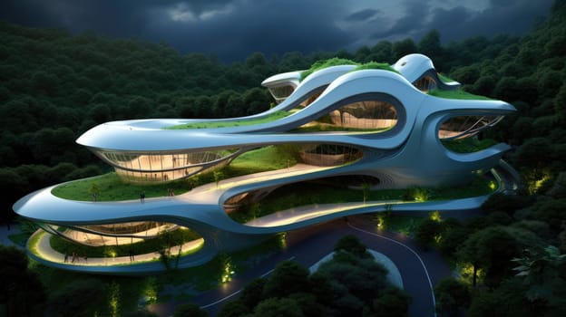 Futuristic sustainable complex office building for green economy and sustainability comeliness