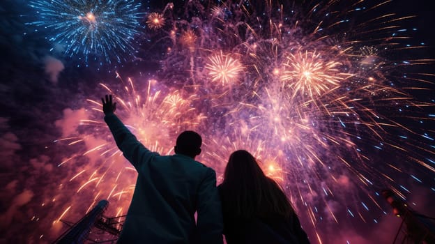 Happy people looking up to the sky with firework in new year 2024 night celebrate happy new year festival 2024 comeliness.