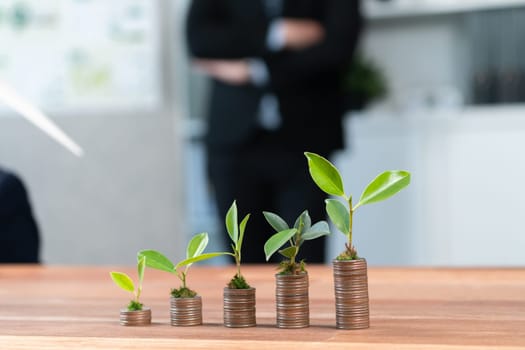 Organic money growth investment concept shown by stacking piles of coin with sprout or baby plant on top. Financial investments rooted and cultivating wealth in harmony with nature. Quaint