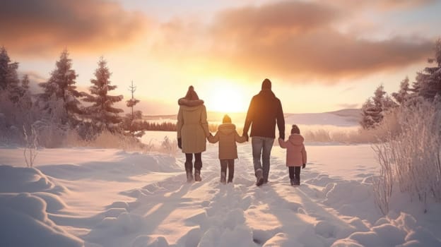 Happy family Father, mother and children are having fun and playing on snowy winter walk in nature. comeliness