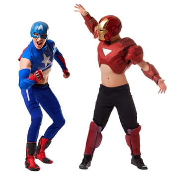 Sexy men dressed in costumes of Iron Man and Captain America