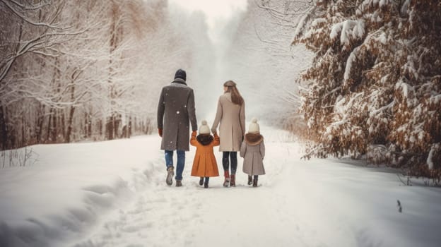 Happy family Father, mother and children are having fun and playing on snowy winter walk in nature. comeliness