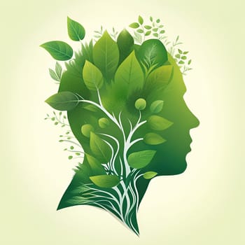 Human head silhouette with green leaves. Ecology concept. Vector illustration.Human head with green leaves as a concept of ecology. Human head made of leaves and plants on white background.