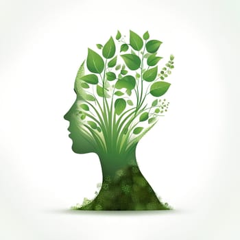 Human head silhouette with green leaves. Ecology concept. Vector illustration.Human head with green leaves as a concept of ecology. Human head made of leaves and plants on white background.