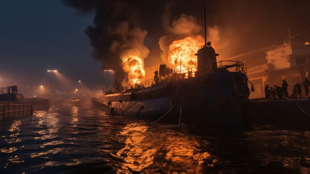 Large naval military vessel is on fire due to an explosion, an emergency dangerous situation in the seaport. AI