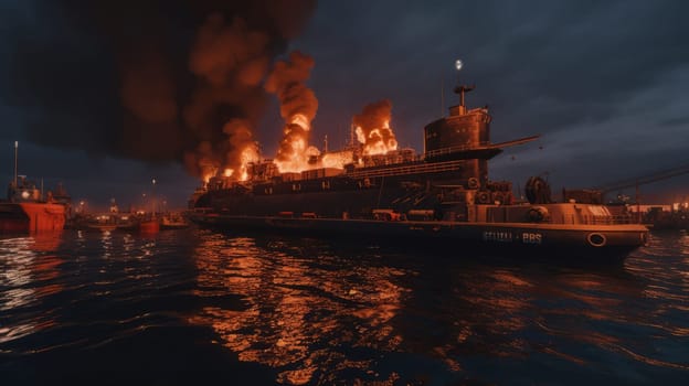 Large naval military vessel is on fire due to an explosion, an emergency dangerous situation in the seaport. AI