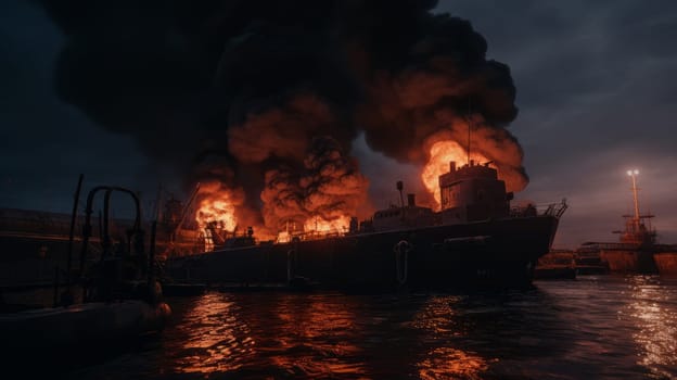 Large naval military vessel is on fire due to an explosion, an emergency dangerous situation in the seaport. AI