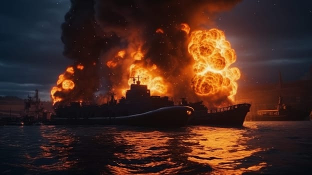 Large naval military vessel is on fire due to an explosion, an emergency dangerous situation in the seaport. AI