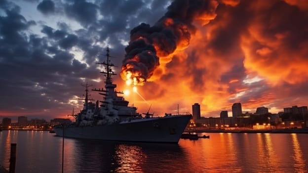 Large naval military vessel is on fire due to an explosion, an emergency dangerous situation in the seaport. AI