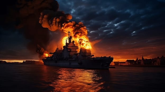 Large naval military vessel is on fire due to an explosion, an emergency dangerous situation in the seaport. AI