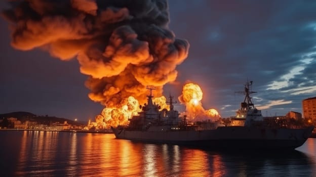 Large naval military vessel is on fire due to an explosion, an emergency dangerous situation in the seaport. AI