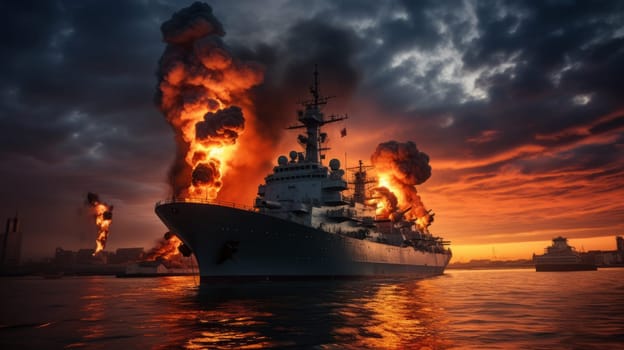 Large naval military vessel is on fire due to an explosion, an emergency dangerous situation in the seaport. AI