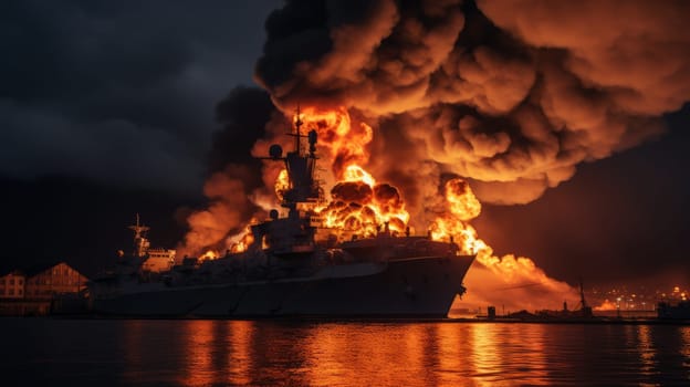 Large naval military vessel is on fire due to an explosion, an emergency dangerous situation in the seaport. AI