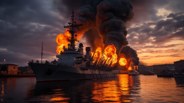 Large naval military vessel is on fire due to an explosion, an emergency dangerous situation in the seaport. AI