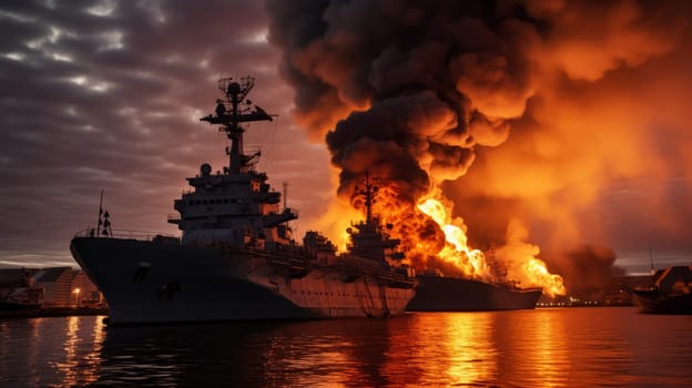 Large naval military vessel is on fire due to an explosion, an emergency dangerous situation in the seaport. AI