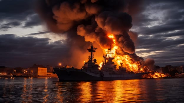 Large naval military vessel is on fire due to an explosion, an emergency dangerous situation in the seaport. AI