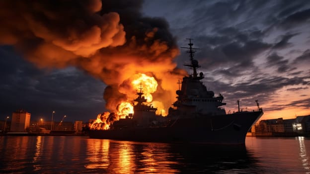 Large naval military vessel is on fire due to an explosion, an emergency dangerous situation in the seaport. AI