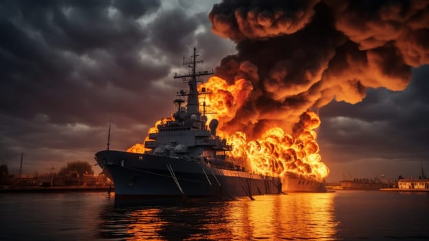 Large naval military vessel is on fire due to an explosion, an emergency dangerous situation in the seaport. AI