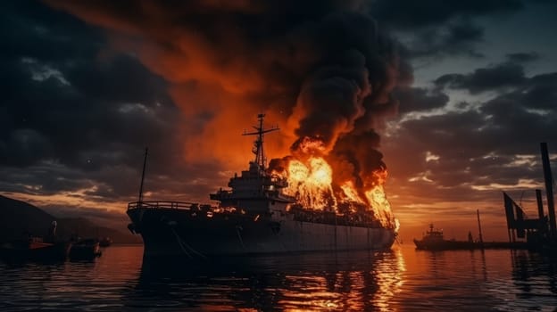 Large naval military vessel is on fire due to an explosion, an emergency dangerous situation in the seaport. AI