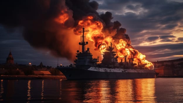 Large naval military vessel is on fire due to an explosion, an emergency dangerous situation in the seaport. AI