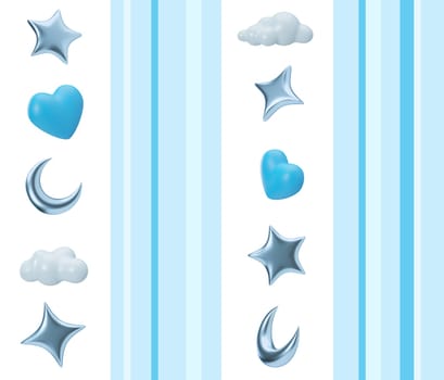 Blue seamless pattern with stars, moons and hearts. Applicable for fabric print, textile, wallpaper, gifts wrapping paper. Repeatable texture. Modern style, pattern for boys bedding, clothes. 3D