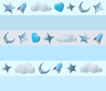 Blue seamless pattern with stars, moons and rockets. Applicable for fabric print, textile, wallpaper, gifts wrapping paper. Repeatable texture. Modern style, pattern for boys bedding, clothes. 3D