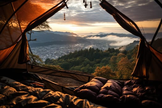 The door tent view lookout camping on the mountain in the morning. AI Generated