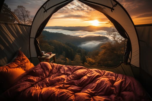 The door tent view lookout camping on the mountain in the morning. AI Generated