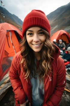 Happy hiker woman with hat making selfie photo portrait background tent mountain. Concept travel blogger, adventure life trip. AI Generated