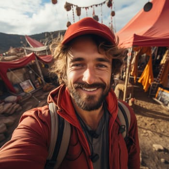 Happy hiker man with hat making selfie photo portrait background tent mountain. Concept travel blogger, adventure life trip. AI Generated