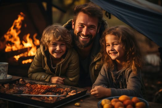 Happy family with a child on a picnic sit by the fire near the tent and grill a barbecue in a pine forest. Camping, recreation, hiking. AI Generated