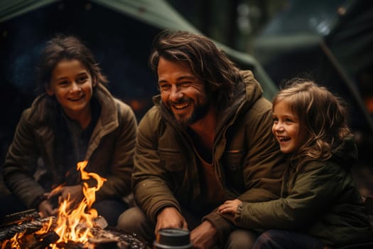 Happy family with a child on a picnic sit by the fire near the tent and grill a barbecue in a pine forest. Camping, recreation, hiking. AI Generated